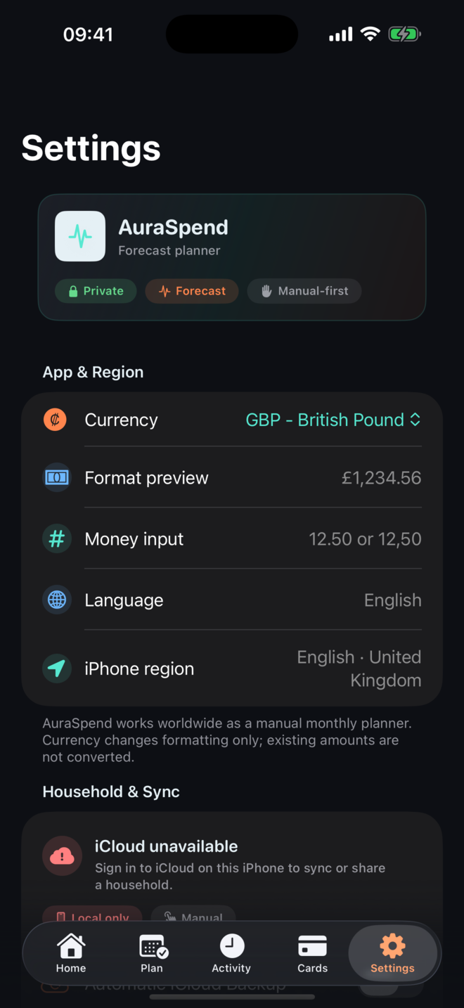 AuraSpend privacy and settings